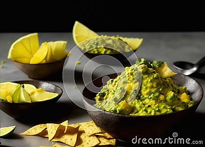 Delicious Fresh Mexican Food Guacamole. Generative AI. Stock Photo