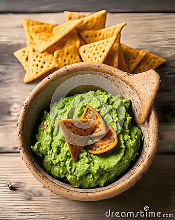 Topo view of Delicious Fresh Mexican Food Guacamole. Generative AI. Stock Photo