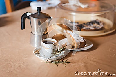 Romantic breakfast for valentines day with cup of coffee and sweetness Stock Photo