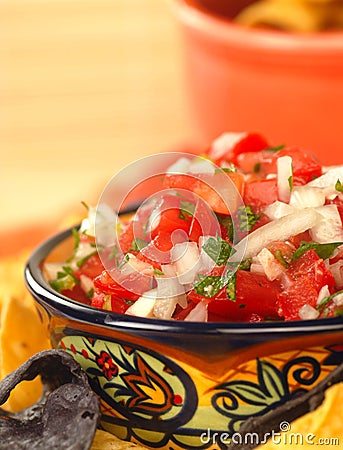 Delicious fresh pico de gallo salsa and chips Stock Photo