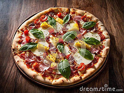 Delicious fresh Pizza Hawaii on wood table Stock Photo