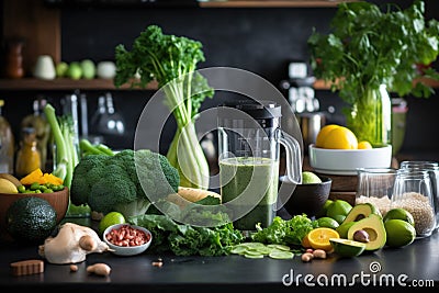 Delicious fresh smoothies and a blender with ingredients on the kitchen table. Lots of vegetables and fruits around Stock Photo