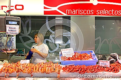 Sale of delicious fresh Spanish seafood at the Mercado Central, Valencia, Spain Editorial Stock Photo