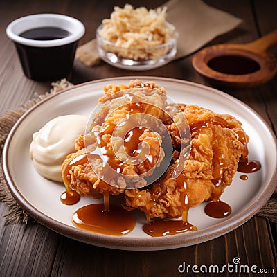 Delicious Fried Chicken With Creamy Peanut Butter Sauce Stock Photo