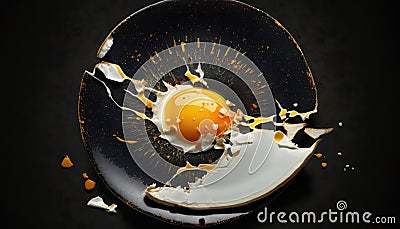 Delicious Fried Eggs on Kintsugi Inspired Porcelain Plate. Perfect Breakfast Table Setting. Generative ai illustration. Stock Photo