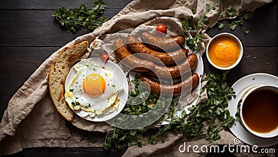 Delicious fried eggs lunch sausages the kitchen table breakfast traditional cooking Stock Photo