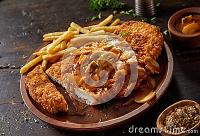 Delicious fried pork meat with chasseur sauce Stock Photo