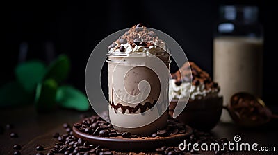 Delicious Frothy Frappuccino Close-Up, with coffee beans - AI Generated Stock Photo