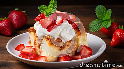 Delicious Froyo Bread Pudding With Whipped Cream And Strawberries Stock Photo