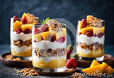 A delicious fruit parfait with layers of granola, mango, pineapple, and coconut. Stock Photo