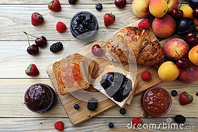 Delicious fruits jam and toasts, tasty breakfast Stock Photo