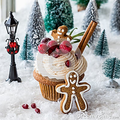 A delicious gingerbread cupcake with gingerbread cookies and berries. Stock Photo