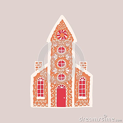 Delicious gingerbread house isolated on light background. Aromatic pastry shaped like living building or church with Vector Illustration
