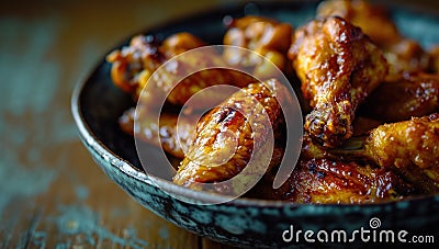 Delicious glazed chicken wings served in a bowl Stock Photo