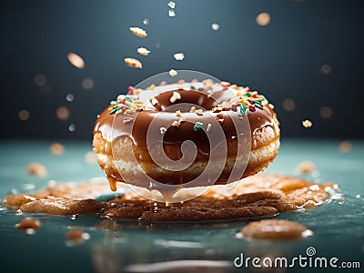 Delicious glazed doughnut is a soft, fluffy. yeasted dough that is deep-fried, coated glaze of powdered sugar Stock Photo