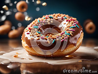 Delicious glazed doughnut is a soft, fluffy. yeasted dough that is deep-fried, coated glaze of powdered sugar Stock Photo