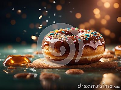 Delicious glazed doughnut is a soft, fluffy. yeasted dough that is deep-fried, coated glaze of powdered sugar Stock Photo