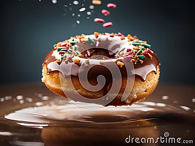 Delicious glazed doughnut is a soft, fluffy. yeasted dough that is deep-fried, coated glaze of powdered sugar Stock Photo