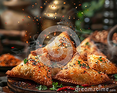 Delicious Golden Baked Samosas Sprinkled with Sesame Seeds Amidst a Rustic Kitchen Setting with Warm Aroma Stock Photo