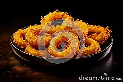 Delicious golden battered, breaded and deep fried crispy onion rings on black wooden table Stock Photo