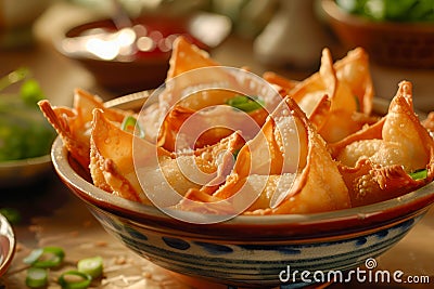 Delicious Golden Fried Samosas in a Traditional Bowl with Chutney on a Rustic Kitchen Table Setting Stock Photo