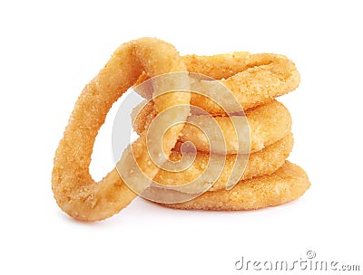 Delicious golden onion rings isolated on white Stock Photo