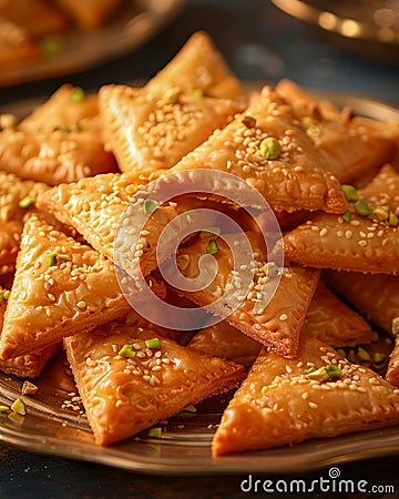 Delicious Golden Sesame Sprinkled Samosas on a Plate with Scattered Green Garnishing Stock Photo