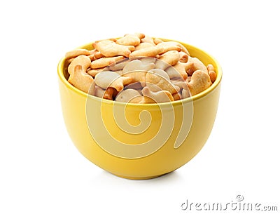 Delicious goldfish crackers in bowl isolated Editorial Stock Photo