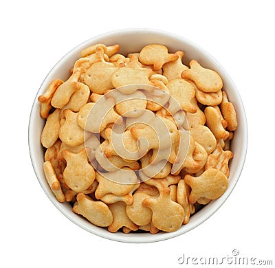 Delicious goldfish crackers in bowl isolated, top view Editorial Stock Photo