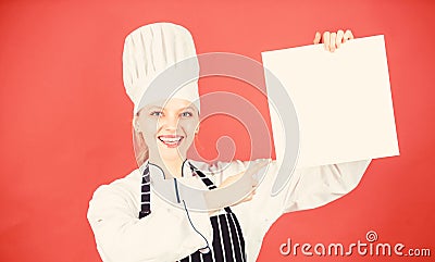 Delicious and gourmet. Chef author culinary book. Cooking food and culinary as hobby. Cook looking for cooking recipe in Stock Photo