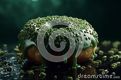 Delicious green donuts on black background. Generative AI Stock Photo