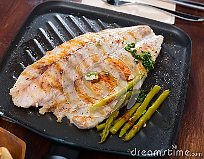 Delicious grilled bass with asparagus Stock Photo