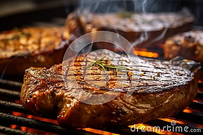 Delicious grilled beef steak with crosshatch pattern on a rack cooked on open fire. Traditional American cuisine holiday food Stock Photo