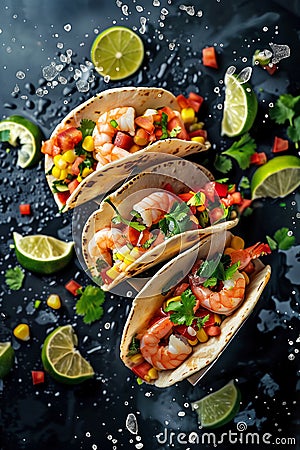 Delicious grilled fresh shrimp tacos with a zest of lime Stock Photo