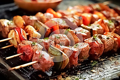 Delicious grilled meat skewers with vegetables, shashlik. BBQ time. Barbecue party. Stock Photo