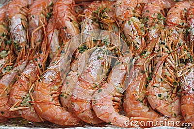 Delicious grilled prawns hot grilled seafood prawns Stock Photo