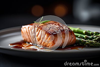 Delicious grilled salmon with steamed asparagus on a minimalist white plate on dark background, generative AI Stock Photo