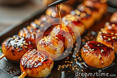 Delicious Grilled Scallops with Sesame Seeds and Glaze on Skewers, Gourmet Seafood Closeup Stock Photo