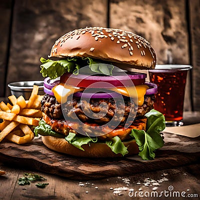 Delicious hamburger - ai generated image Stock Photo