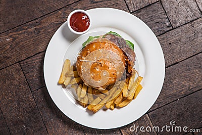 Delicious hamburger with beer well cooked with fries Stock Photo