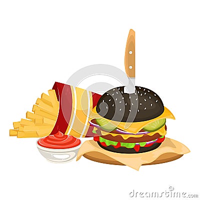 Delicious hamburger on a black bun with cutlet and French fries in cardboard packaging with ketchup. Vector illustration of fast Vector Illustration