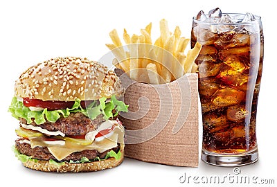 Delicious hamburger with cola and potato fries. Fast food concept. File contains clipping path Stock Photo