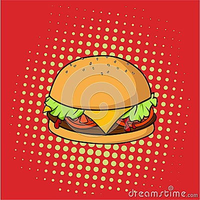 Delicious Hamburger, Junk Food, Pop Art Vector Design, Illustration Vector Illustration