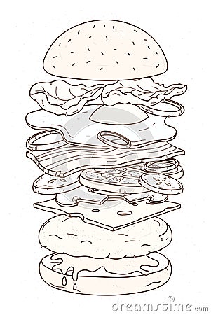 Delicious hamburger with layers or ingredients hand drawn with contour lines on white background. Drawing of burger Vector Illustration