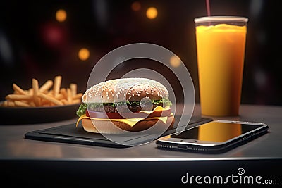 Delicious hamburger over a smart phone .Fast food delivery app concept. Cartoon Illustration