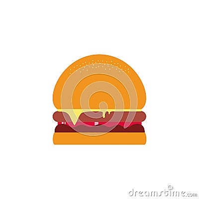 Delicious hamburger. Vector flat design burger icon. Burger with salad, tomatoes, cheese and cutlet. Fast food. Vector Vector Illustration