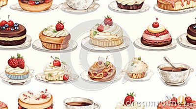 Delicious Handpainted Watercolor Desserts and Pastries Seamless Pattern AI Generated Cartoon Illustration