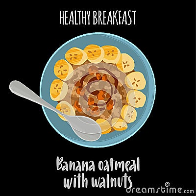 Delicious healthy breakfast. Banana oatmeal with walnuts. Hand drawn dish in trendy flat style. Vector Illustration