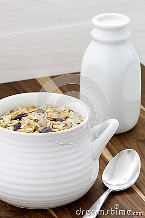 Delicious and healthy muesli with fresh milk Stock Photo