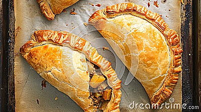 Delicious home baked Cornish pasties with minced meat and vegetables. Traditional specialty of British cuisine Stock Photo